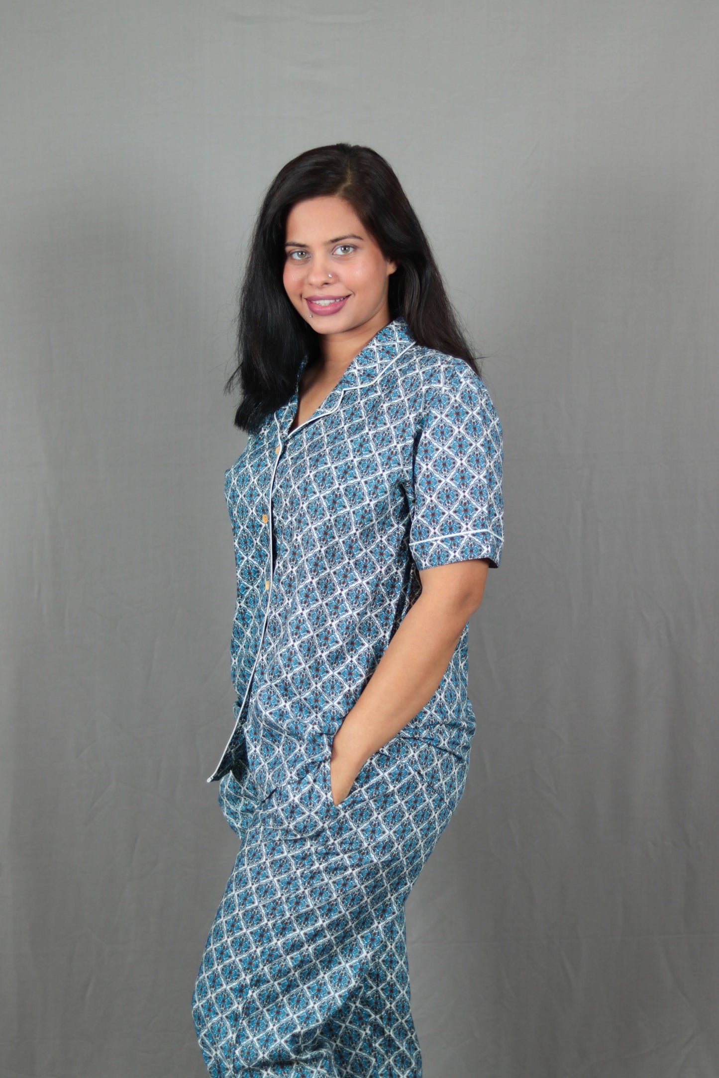 Blue Jaccard Print Long PJ Set