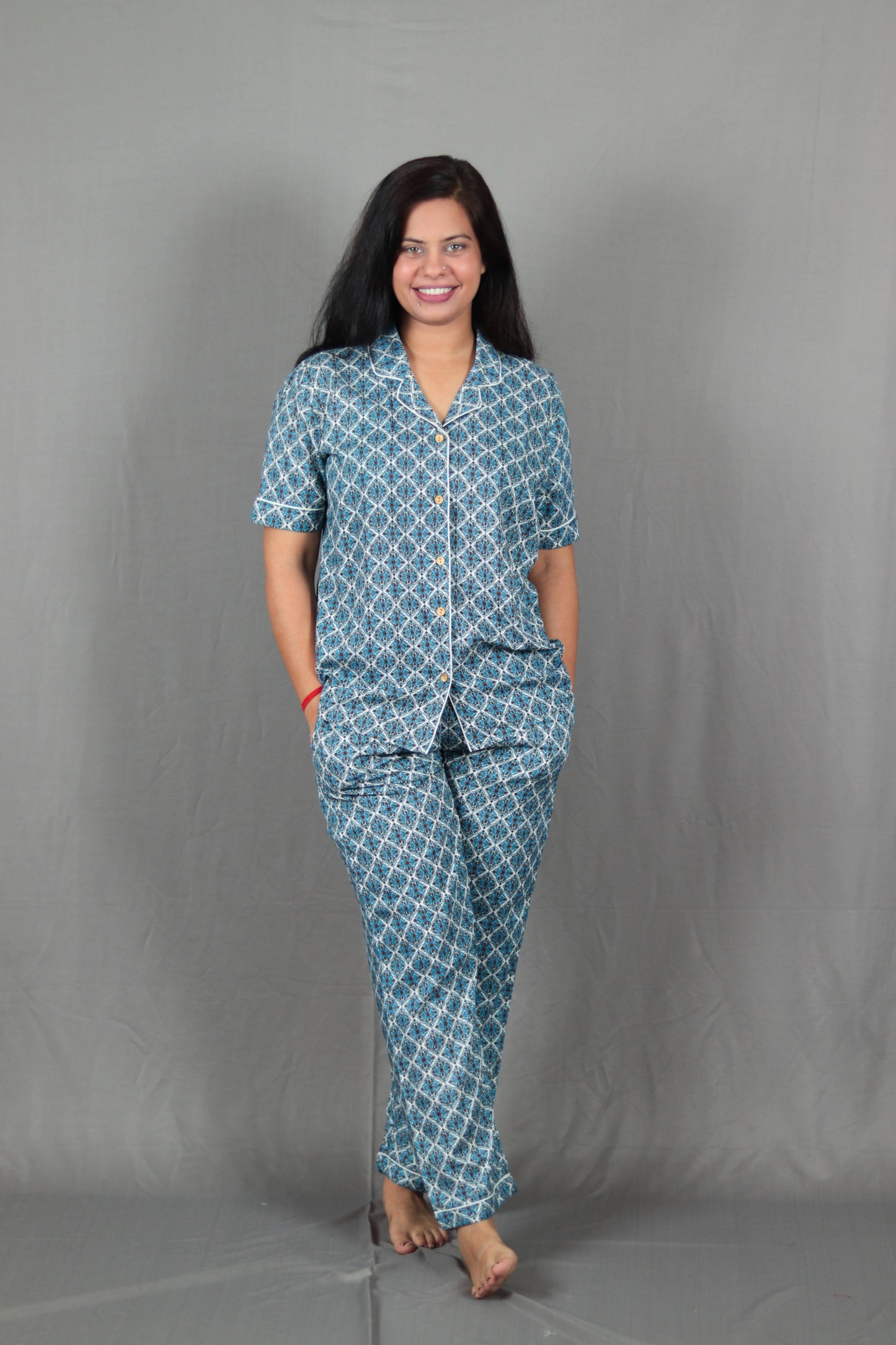 Blue Jaccard Print Long PJ Set