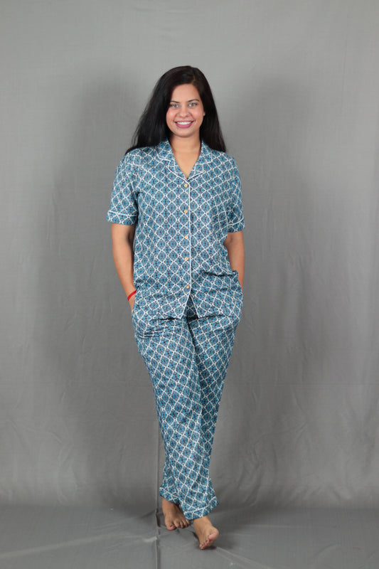 Blue Jaccard Print Long PJ Set